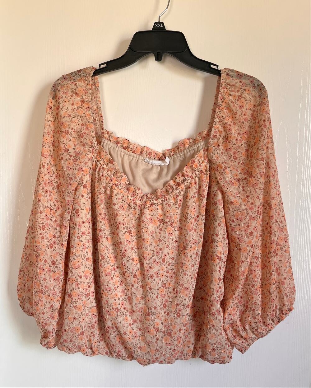 Lush Floral Clip-Dot Square Neck Long Sleeve Blouse XL Cottagecore Peasant Top